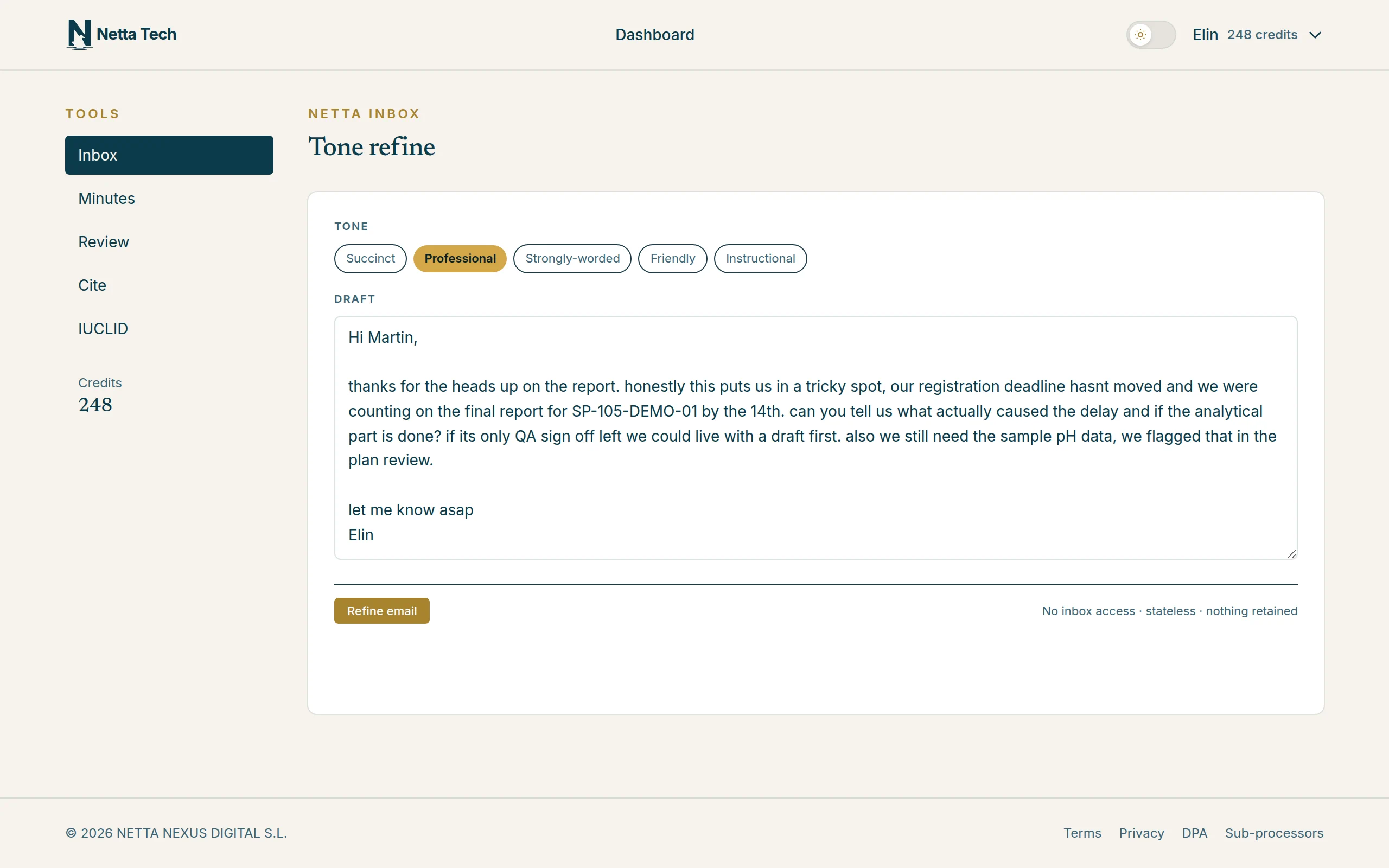 Netta Inbox: your draft, the tone picker and the privacy note