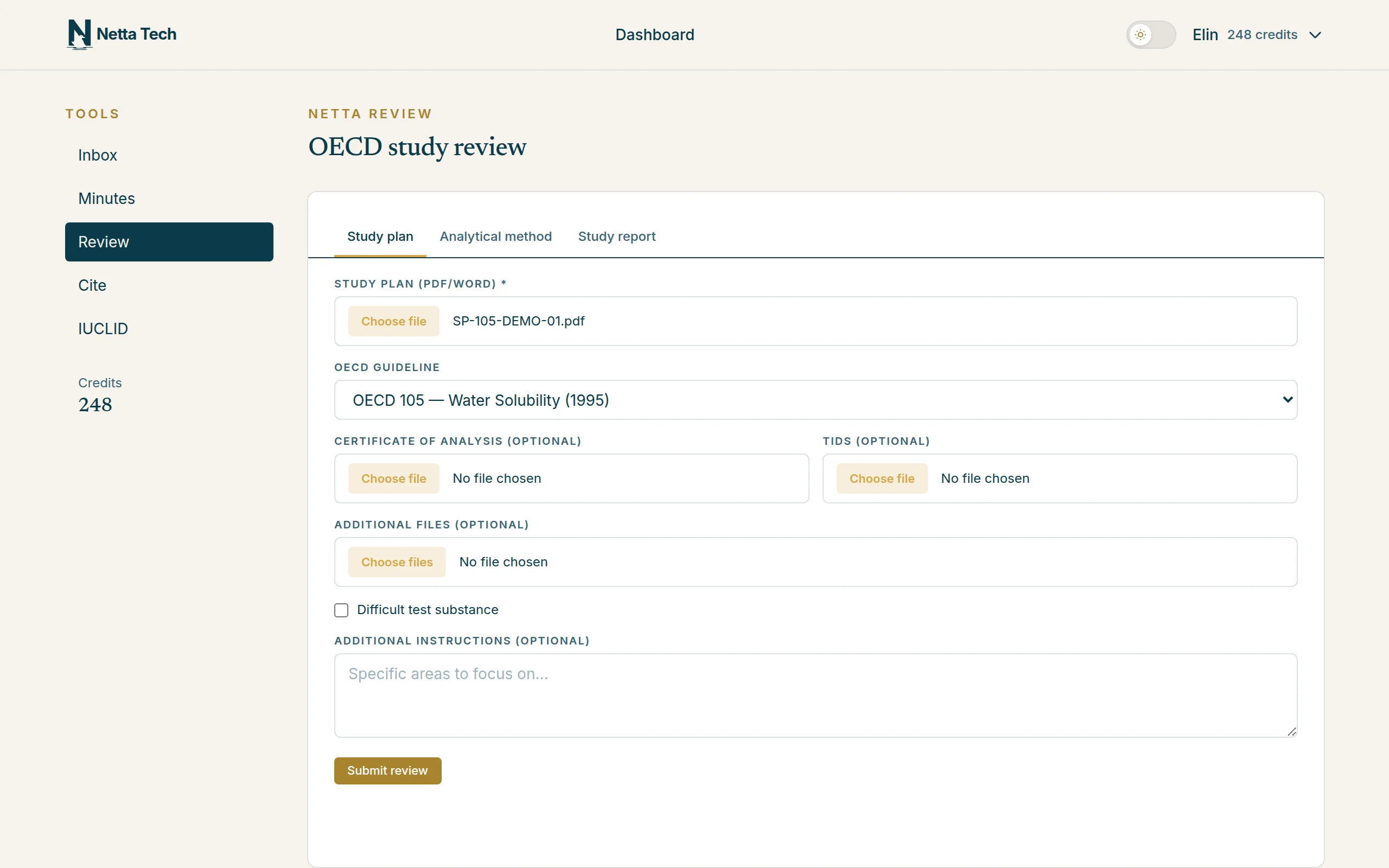 Netta Review: new study review with the study plan attached, guideline selected and optional CoA and TIDS